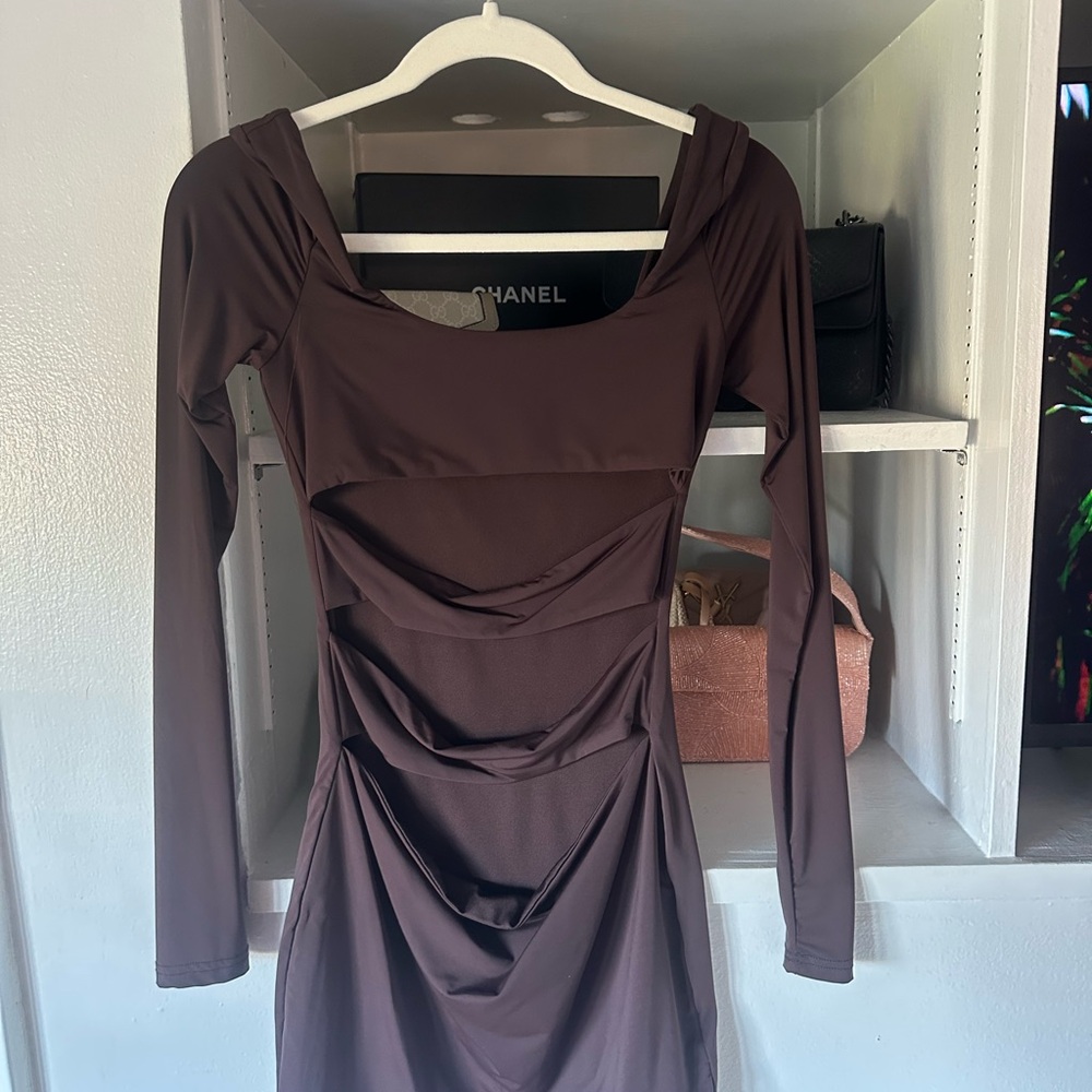 White Fox Cutout Brown Long Sleeve Dress